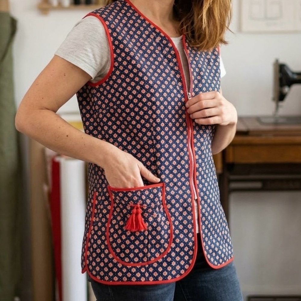 Rose 100% Cotton Vintage Zip Front Cobbler Apron Smock Vest Retro Grandmacore